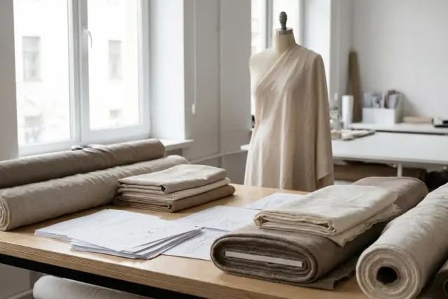 A bright room with large windows. A wooden table holds rolls of brown and beige fabric, folded cloth, and paper