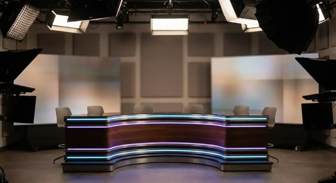 Empty TV studio with a curved wooden desk, blue and purple neon accents, six chairs, overhead softboxes, cameras, and