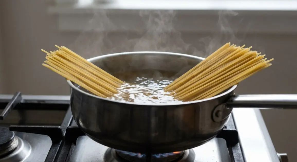 A pot of boiling water on a kitchen stove with long dry spaghetti noodles sliding gently under the bubbling surface